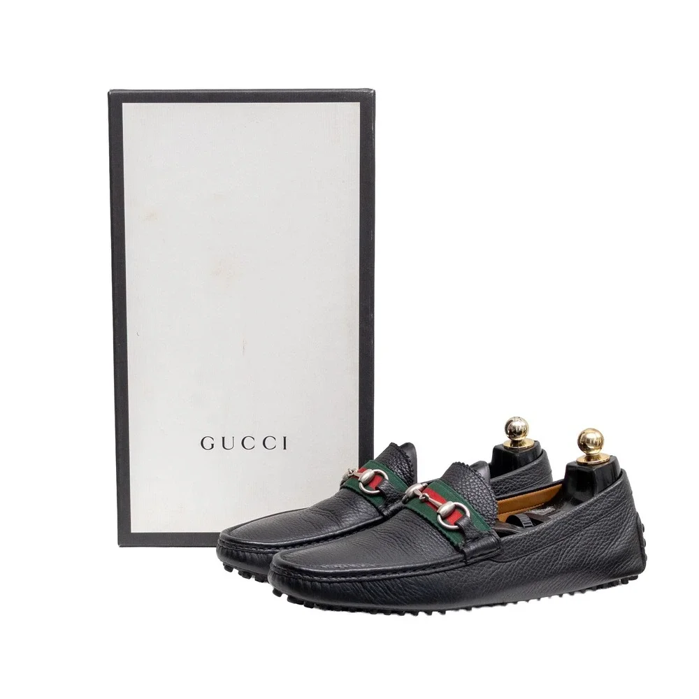 Gucci Mens Black Pebble Leather Horsebit Web Driving Loafers UK 8G US 9G w/ Box